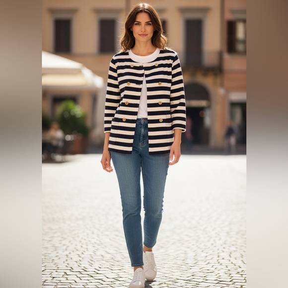 J.Crew Merriweather navy and White Striped knit jacket blazer nautical preppy - Picture 2 of 7